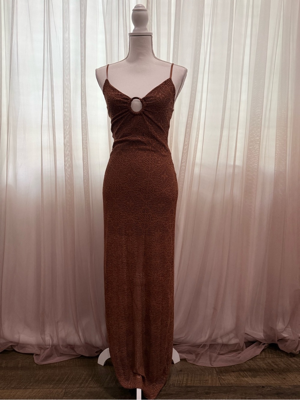 Windsor Brown Spaghetti-Strap Maxi Dress with Front Ring